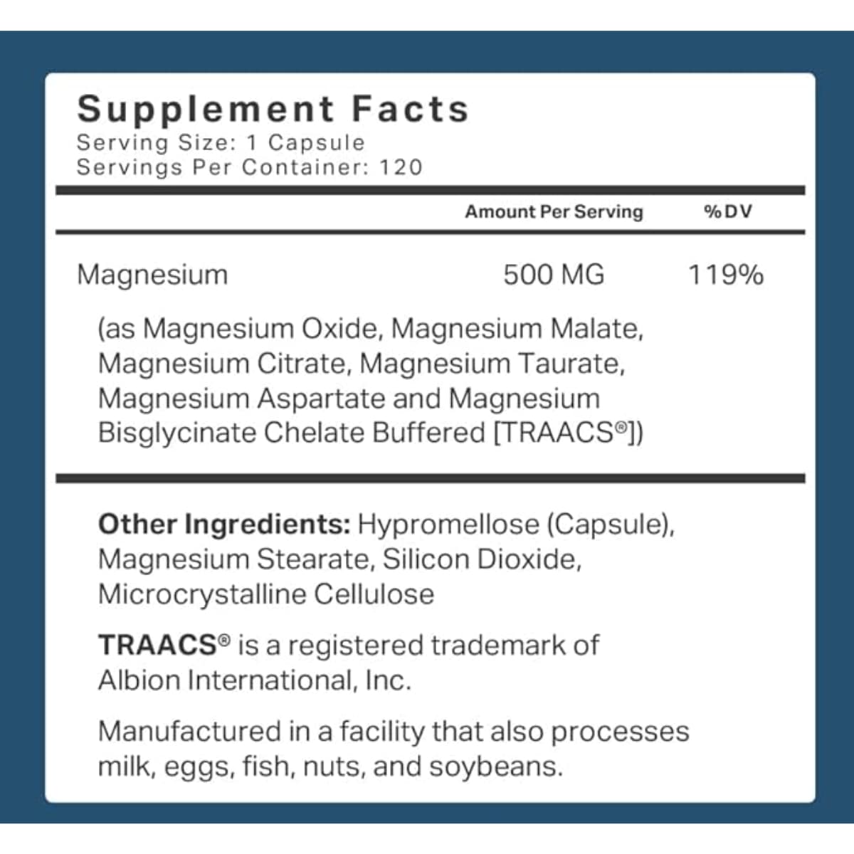 Etiqueta de ingredientes de Purely Optimal complejo de magnesio 500 mg, presentación de 120 cápsulas.