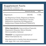 Etiqueta de ingredientes de Purely Optimal complejo de magnesio 500 mg, presentación de 120 cápsulas.