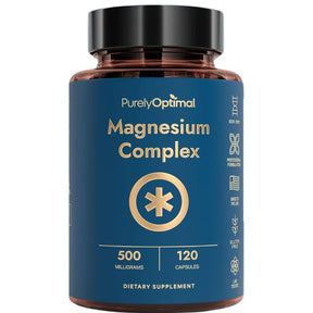 Frasco frontal de Purely Optimal complejo de magnesio 500 mg, presentación de 120 cápsulas.