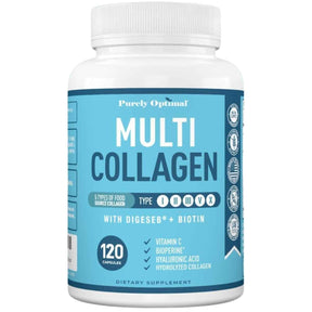 Frasco de suplemento Purely Optimal Multi Colágeno 5 Tipos 120 cápsulas