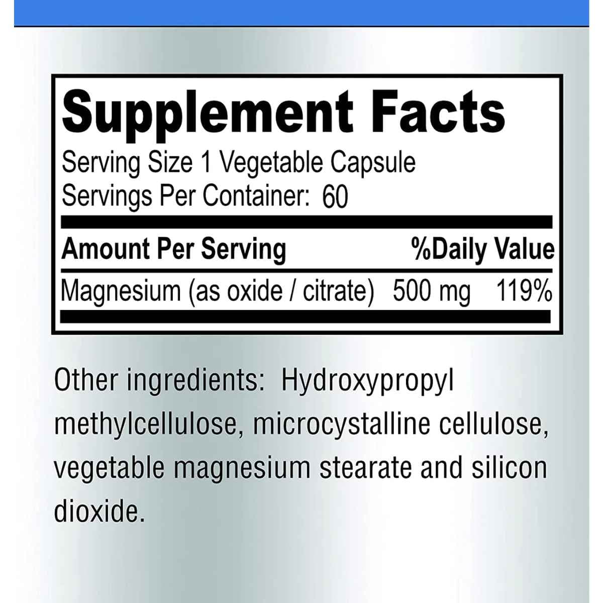 Tabla nutricional del suplemento PureMax Labs Complejo de Magnesio 500 mg 60 Cápsulas Vegetales