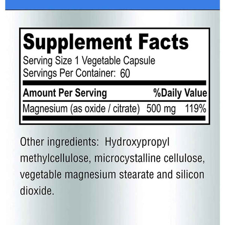 Tabla nutricional del suplemento PureMax Labs Complejo de Magnesio 500 mg 60 Cápsulas Vegetales