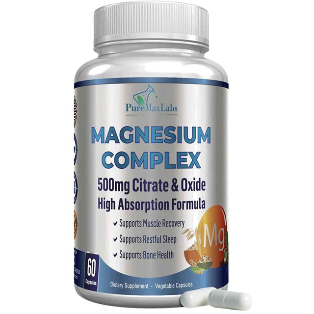 Frasco de suplemento PureMax Labs Complejo de Magnesio 500 mg 60 Cápsulas Vegetales