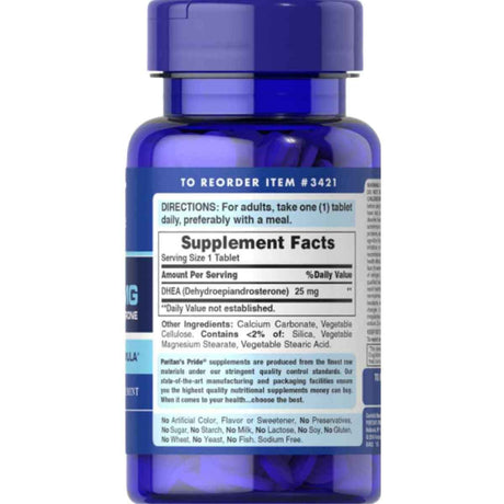 Tabla nutricional del suplemento Puritan's Pride DHEA 25 mg 100 Tabletas