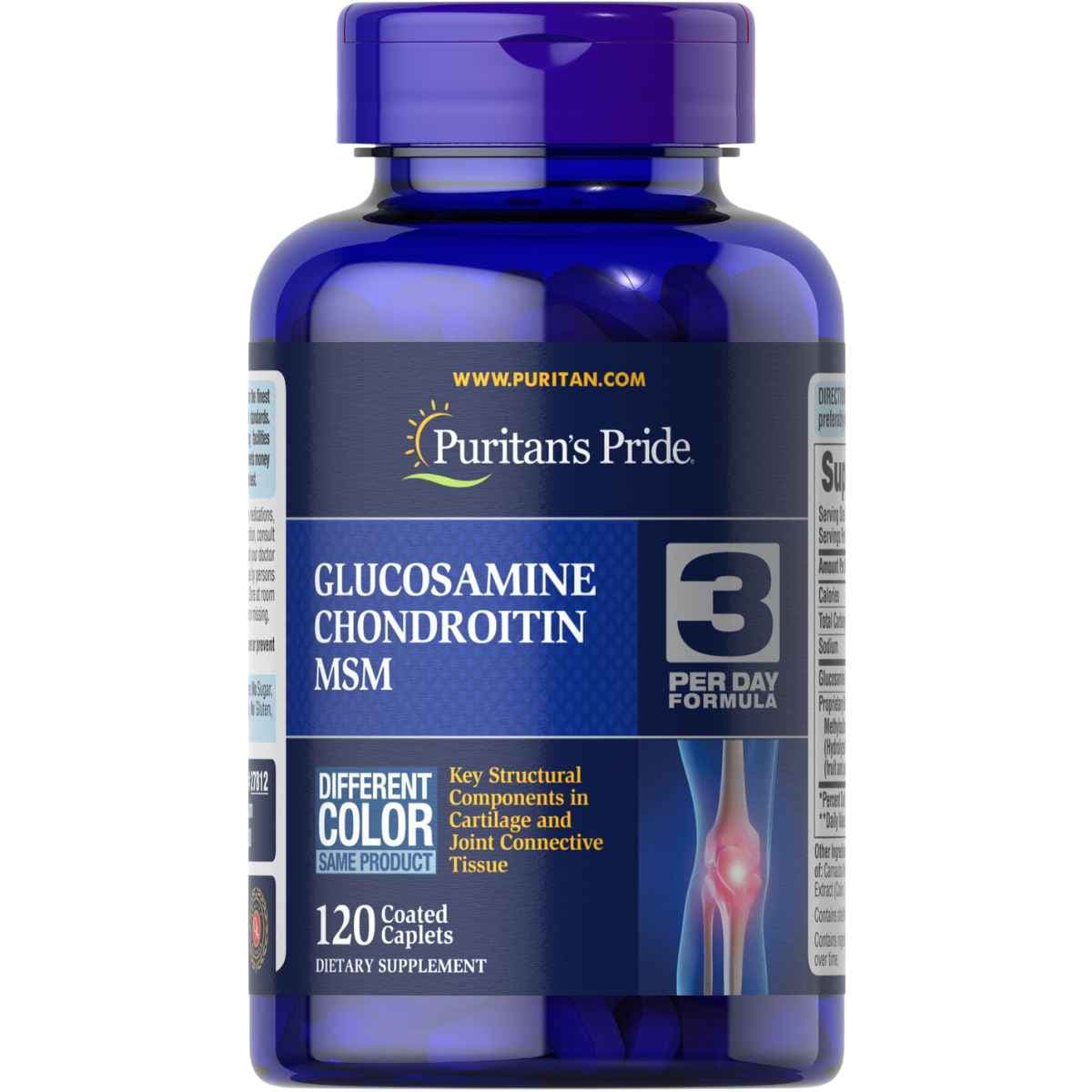 Frasco frontal de Puritan's Pride glucosamina, condroitina y MSM, presentación de 120 tabletas