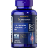 Frasco frontal de Puritan's Pride glucosamina, condroitina y MSM, presentación de 120 tabletas