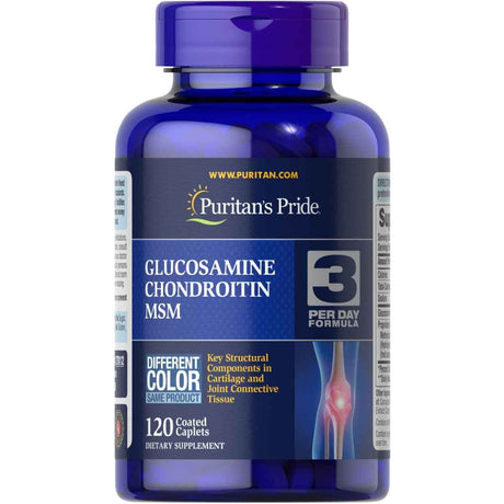 Frasco frontal de Puritan's Pride glucosamina, condroitina y MSM, presentación de 120 tabletas