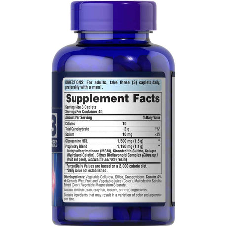 Información del suplemento de Puritan's Pride glucosamina, condroitina y MSM para la presentación de 120 tabletas
