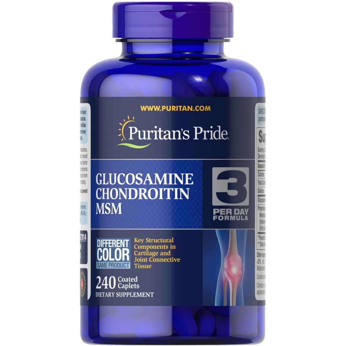 Frasco frontal de Puritan's Pride glucosamina, condroitina y MSM, presentación de 240 tabletas