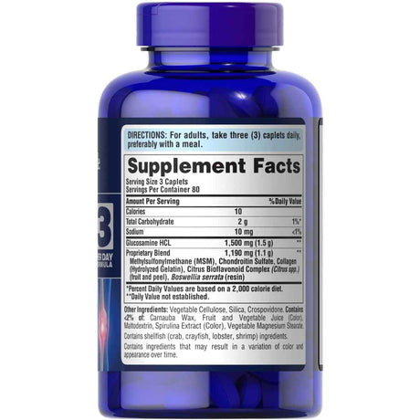 Información del suplemento de Puritan's Pride glucosamina, condroitina y MSM para la presentación de 240 tabletas