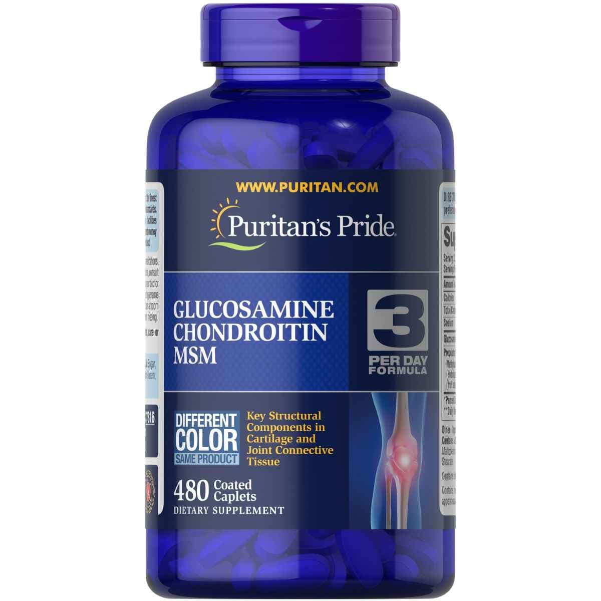Frasco frontal de Puritan's Pride glucosamina, condroitina y MSM, presentación de 480 tabletas