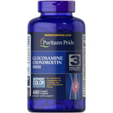 Frasco frontal de Puritan's Pride glucosamina, condroitina y MSM, presentación de 480 tabletas