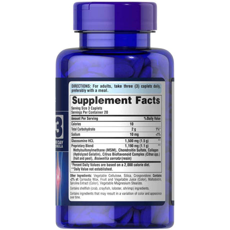 Información del suplemento de Puritan's Pride glucosamina, condroitina y MSM para la presentación de 60 tabletas