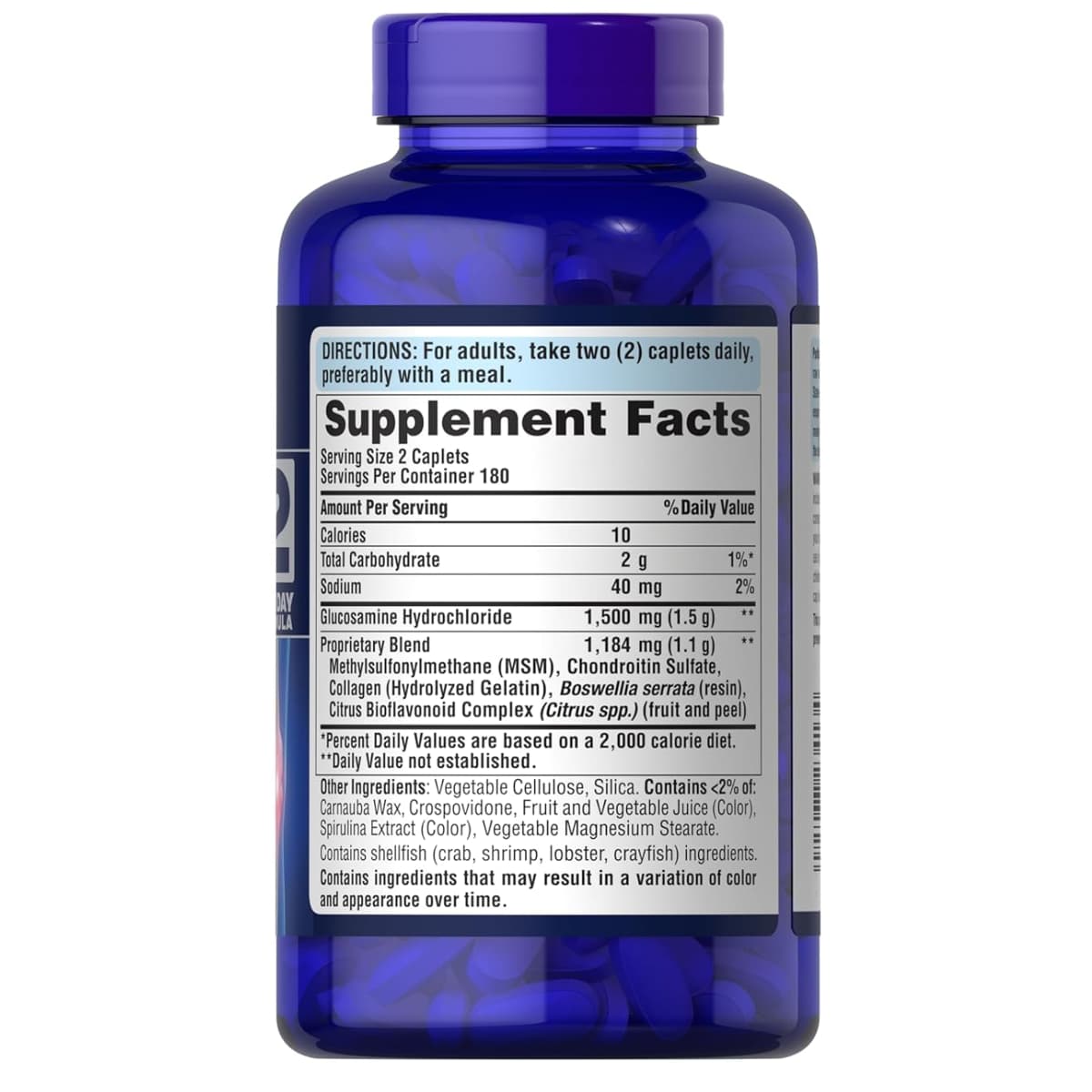 Etiqueta de Puritan's Pride Glucosamina Condroitina MSM con información de ingredientes y porción