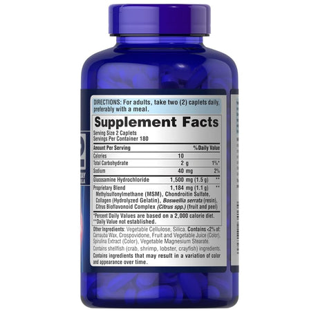 Etiqueta de Puritan's Pride Glucosamina Condroitina MSM con información de ingredientes y porción