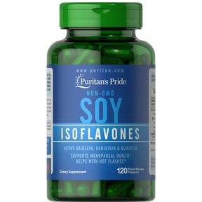 Frasco frontal de Puritan's Pride Concentrado de isoflavonas de soya 750 mg, presentación de 120 cápsulas.