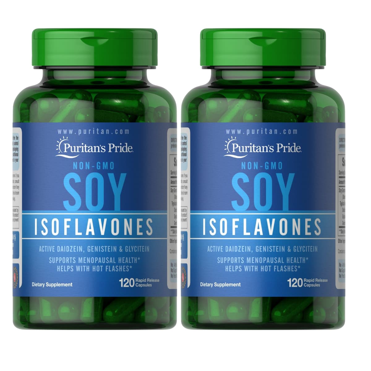 Pack frontal de dos frascos de Puritan's Pride Concentrado de isoflavonas de soya 750 mg, presentación total de 240 cápsulas.