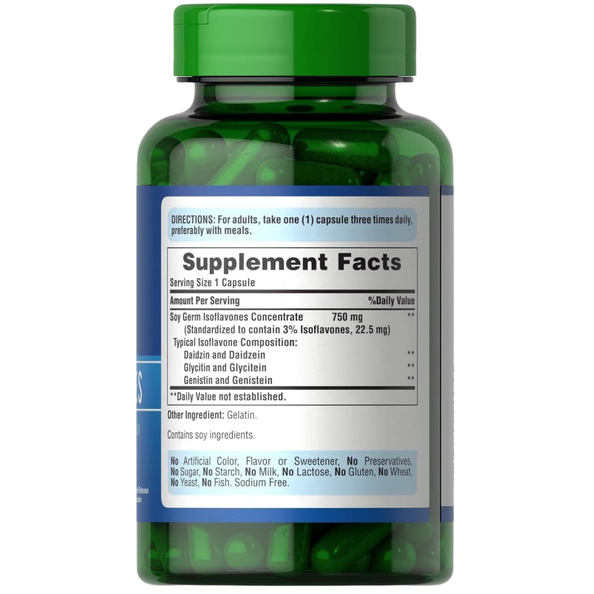 Información del suplemento de Puritan's Pride Concentrado de isoflavonas de soya 750 mg por cápsula Pack de 2.