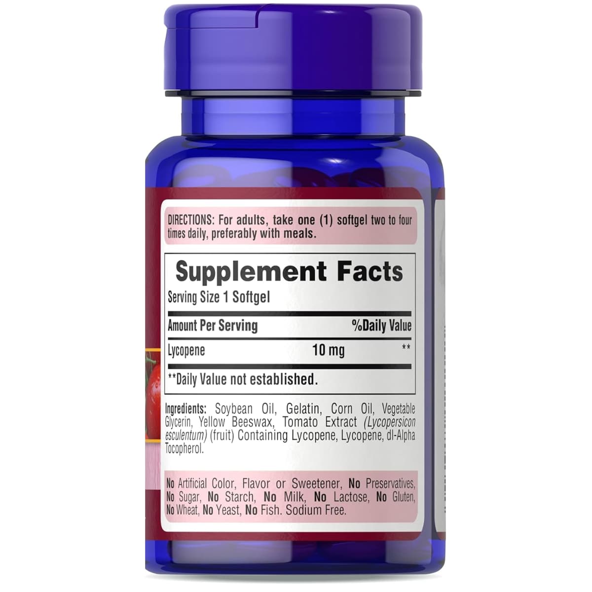 Tabla nutricional del suplemento Puritan's Pride Licopeno 10 mg 100 cápsulas blandas