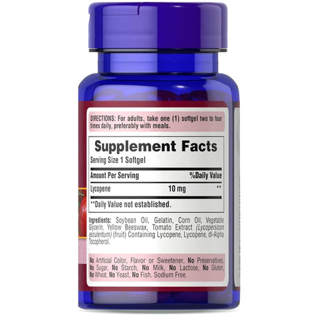 Tabla nutricional del suplemento Puritan's Pride Licopeno 10 mg 100 cápsulas blandas