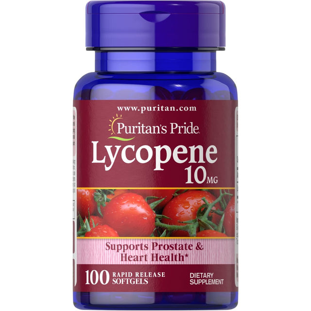 Frasco de suplemento Puritan's Pride Licopeno 10 mg 100 cápsulas blandas