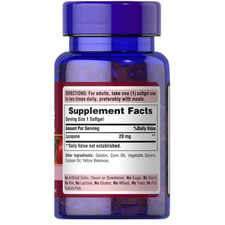 Tabla nutricional del suplemento Puritan's Pride Licopeno 60 Cápsulas Blandas