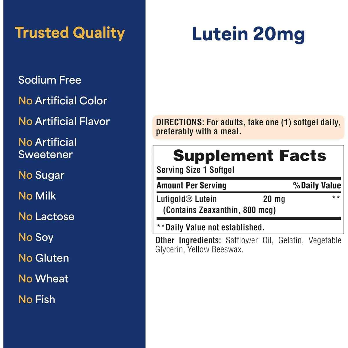 Tabla nutricional del suplemento Puritan's Pride Luteína Lutigold 120 Cápsulas Blandas