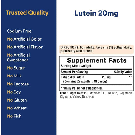 Tabla nutricional del suplemento Puritan's Pride Luteína Lutigold 120 Cápsulas Blandas