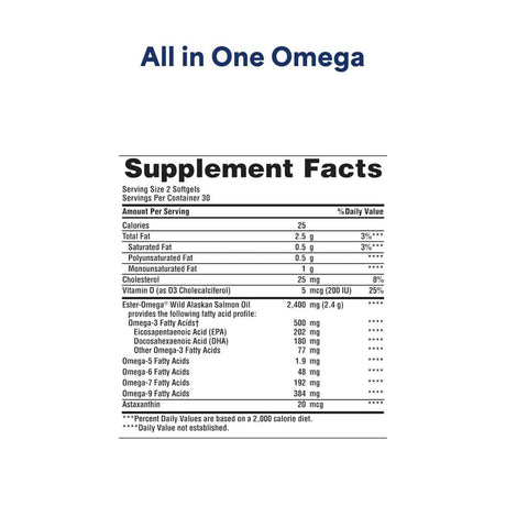 Información del suplemento de Puritan's Pride omega 3, 5, 6, 7 y 9 con vitamina D3, 60 cápsulas blandas