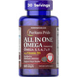 Frasco frontal de Puritan's Pride omega 3, 5, 6, 7 y 9 con vitamina D3, 60 cápsulas blandas