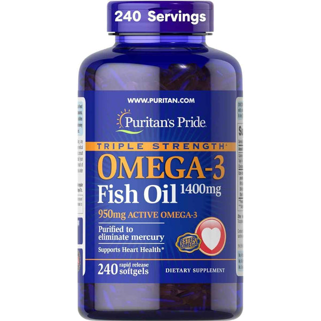 Frasco frontal de Puritan's Pride Triple Strength omega 3, 240 cápsulas blandas