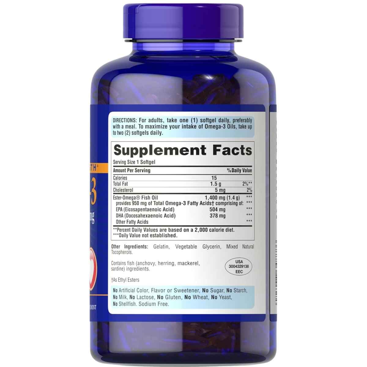 Etiqueta posterior con información del suplemento de Puritan's Pride Triple Strength omega 3, 240 cápsulas blandas