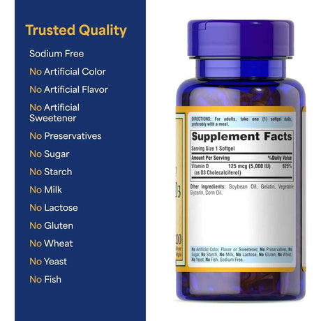 Tabla nutricional del suplemento Puritan's Pride Vitamina D3 200 cápsulas blandas