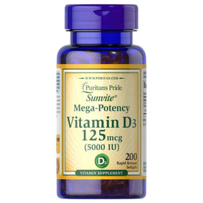 Frasco de suplemento Puritan's Pride Vitamina D3 125 mcg 200 cápsulas blandas