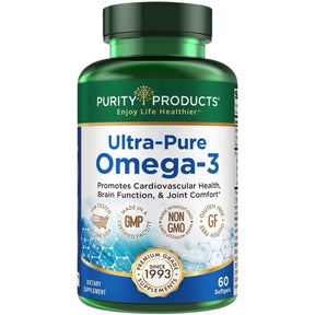 Frasco de Purity Products Ultra Pure Omega 3, presentación de 60 cápsulas blandas