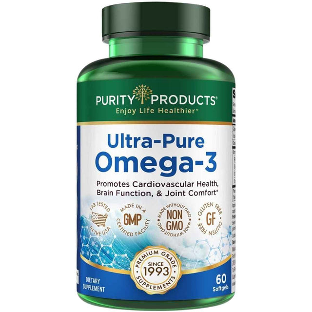 Frasco de Purity Products Ultra Pure Omega 3, presentación de 60 cápsulas blandas