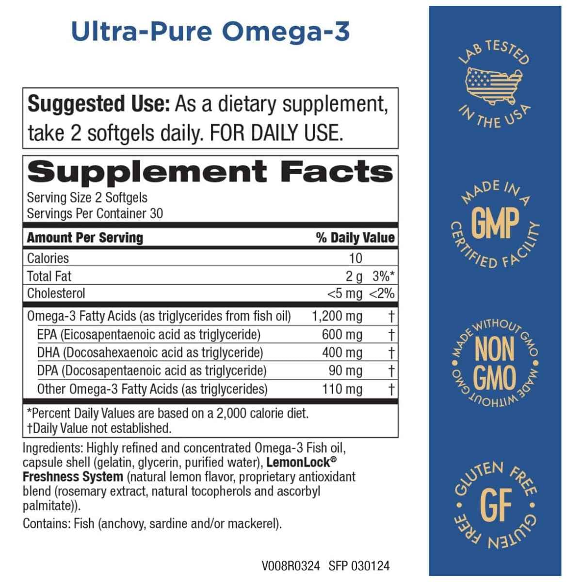 Tabla de información del suplemento Purity Products Ultra Pure Omega 3