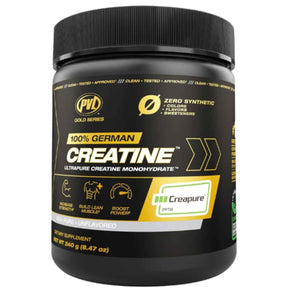 Envase frontal de PVL creatina monohidratada Creapure, presentación de 240 g