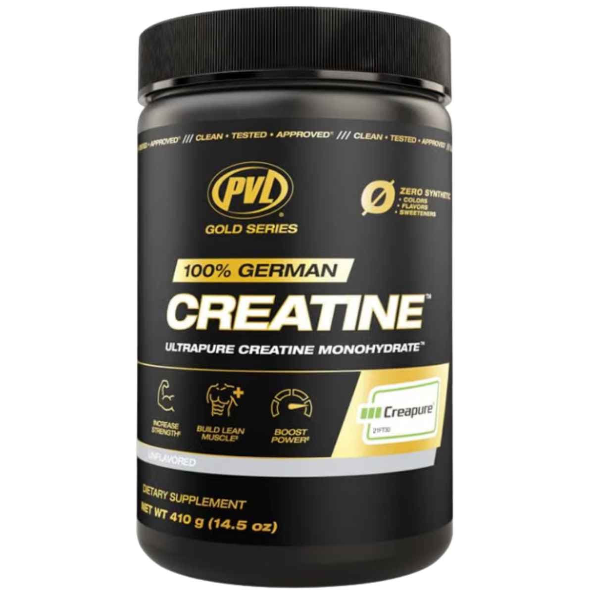Envase frontal de PVL creatina monohidratada Creapure, presentación de 410 g