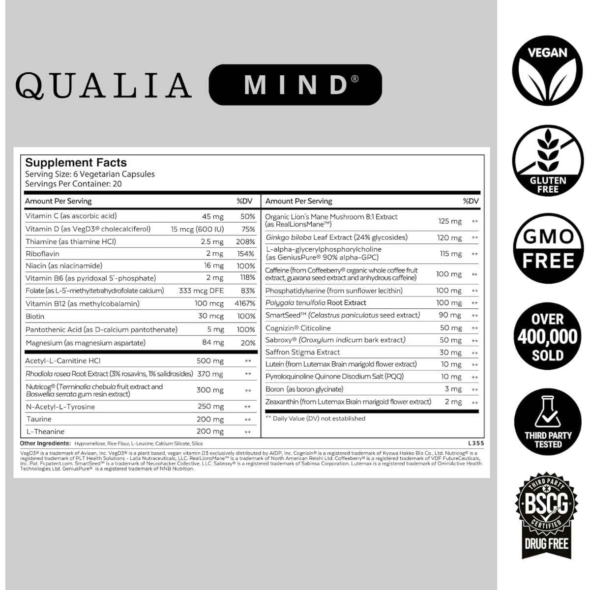 Etiqueta de Qualia Mind de 30 cápsulas con tabla del suplemento e ingredientes declarados