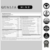 Etiqueta de Qualia Mind de 30 cápsulas con tabla del suplemento e ingredientes declarados