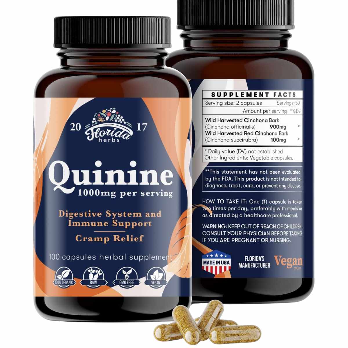 FLORIDA HERBS Quinnine Soporte para Calambres - 100 Cápsulas | Suplemento de Cinchona