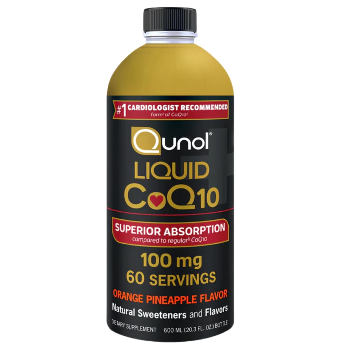 Frasco frontal de Qunol Coenzima Q10 líquida sabor naranja piña, presentación de 600 ml y 60 porciones
