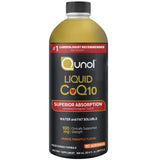 Frasco frontal de Qunol Coenzima Q10 líquida sabor naranja piña, presentación de 900 ml y 90 porciones