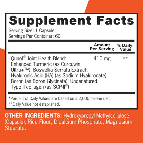Tabla nutricional del suplemento Qunol Mezcla para la Salud Articular con Cúrcuma 60 cápsulas