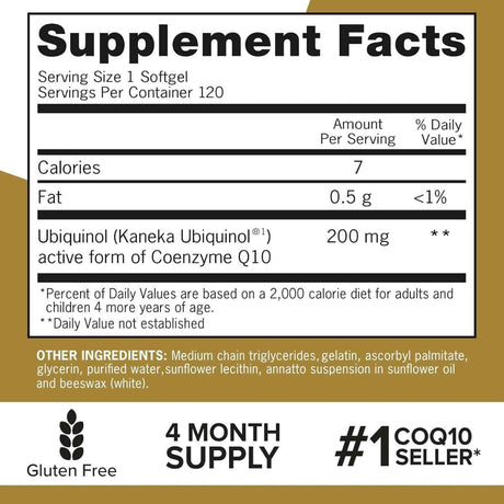 Tabla nutricional del suplemento Qunol Ubiquinol 200 mg 120 cápsulas blandas