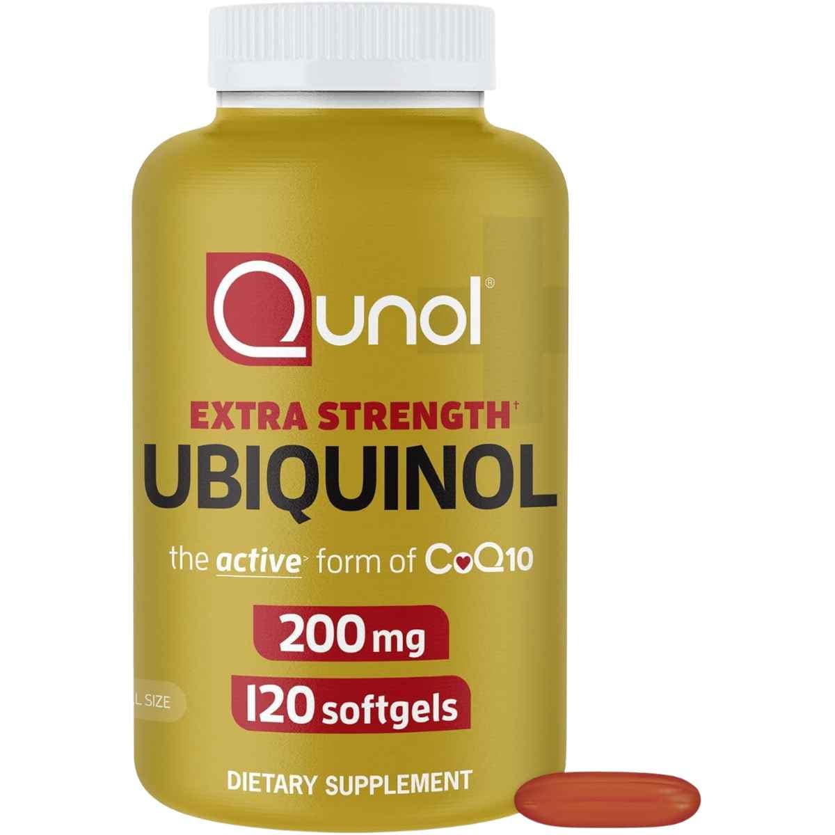 Frasco de suplemento Qunol Ubiquinol 200 mg 120 cápsulas blandas