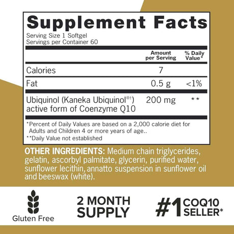 Tabla nutricional del suplemento Qunol Ubiquinol 200 mg 60 cápsulas blandas