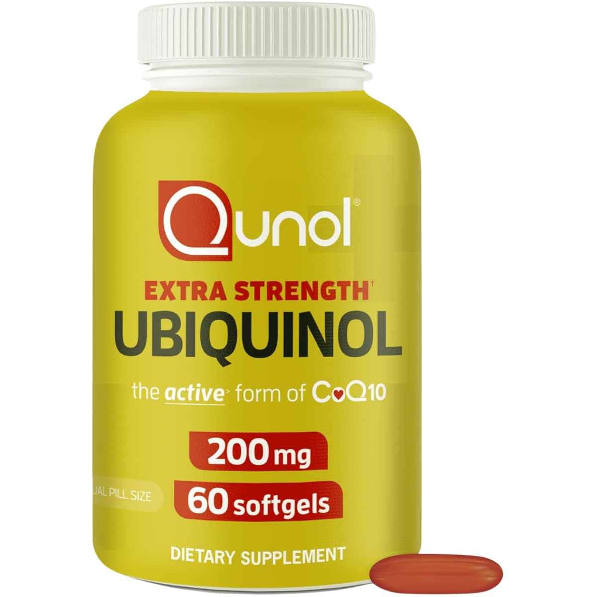 Frasco de suplemento Qunol Ubiquinol 200 mg 60 cápsulas blandas