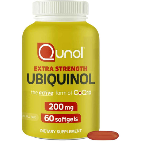 Frasco de suplemento Qunol Ubiquinol 200 mg 60 cápsulas blandas